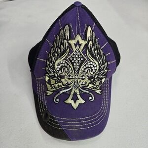 VINTAGE KB Ethos‎ Unisex Trucker Hat OS Grunge Curved Fleur De Lis Embroidered